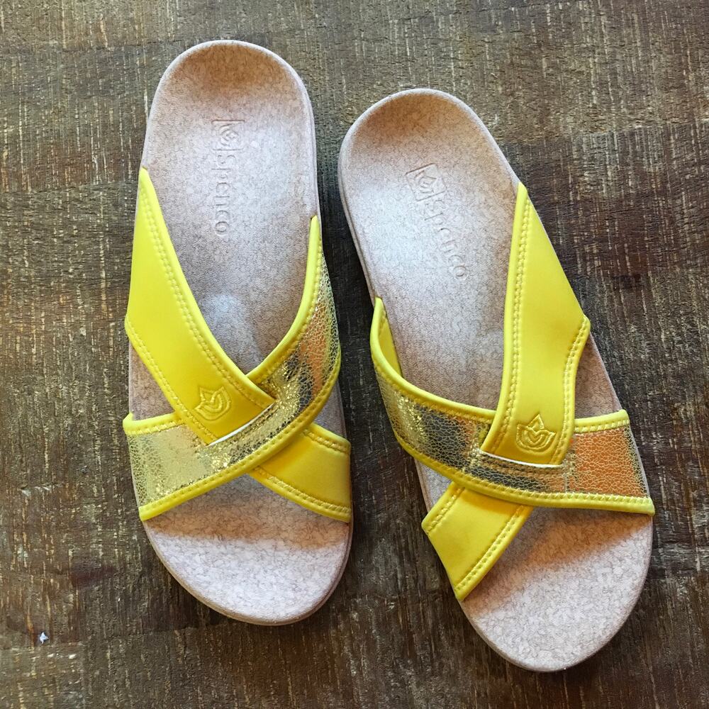 Spenco Lingo Orthotic Slide Sandals Womens 11 Sun Yellow Gold Metallic Comfort